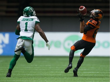 Jovon Johnson, Chris Williams

B.C. Lions' Chris Williams, right, makes a reception behind Saskatchewan Roughriders' Jovon Johnson during the first half of a CFL football game in Vancouver, B.C., on Saturday August 5, 2017. THE CANADIAN PRESS/Darryl Dyck ORG XMIT: VCRD204
DARRYL DYCK,