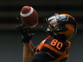 B.C. Lions Chris Williams makes a reception during the first half of a CFL game against the Saskatchewan Roughriders in Vancouver on Aug. 5.