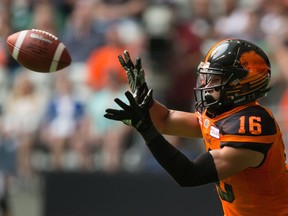 B.C. Lions' Bryan Burnham makes a reception in the end zone for a touchdown during the first half of a CFL football game against the Saskatchewan Roughriders in Vancouver, B.C., on Saturday August 5, 2017.