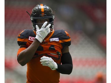 BC Lions #41 Adrian Clarke adjust his helmet prior to playing the Saskatchewan Roughriders in a regular season CHL football game at BC Place Vancouver, August 05 2017.