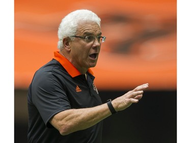 BC Lions head coach Wally Buono gestures during play against the Saskatchewan Roughriders in a regular season CHL football game at BC Place Vancouver, August 05 2017.