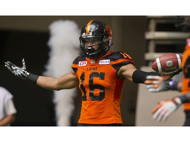 BC Lions #16 Bryan Burnham gestures in the end zone after a touchdown against the Saskatchewan Roughriders in a regular season CHL football game at BC Place Vancouver, August 05 2017.