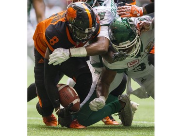 BC Lions #8 Anthony Thompson grabs for the ball after an interception against the  Saskatchewan Roughriders in a regular season CHL football game at BC Place Vancouver, August 05 2017.