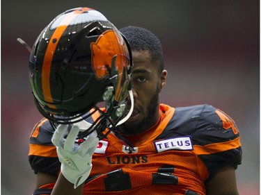 BC Lions #41 Adrian Clarke removes his helmet during warm up prior to playing the Saskatchewan Roughriders in a regular season CHL football game at BC Place Vancouver, August 05 2017.