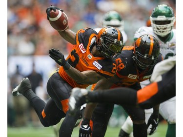 BC Lions #24 Jeremiah Johnson runs the ball after taking the snap during play against the Saskatchewan Roughriders in a regular season CHL football game at BC Place Vancouver, August 05 2017.