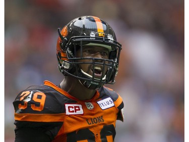 BC Lions #39 Chandler Fenner celebrates his interception against the Saskatchewan Roughriders in a regular season CHL football game at BC Place Vancouver, August 05 2017.