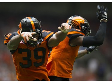 BC Lions #39 Chandler Fenner celebrates his interception against the Saskatchewan Roughriders in a regular season CHL football game at BC Place Vancouver, August 05 2017.