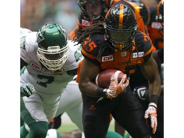 Saskatchewan Roughriders #7 Willie Jefferson closes in on BC Lions #35 Shaquille Murray-Lawrence in a regular season CHL football game at BC Place Vancouver, August 05 2017.