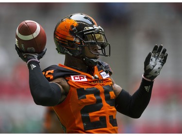 BC Lions #25 Ronnie Yell during warm up prior to playing the Saskatchewan Roughriders in a regular season CHL football game at BC Place Vancouver, August 05 2017.