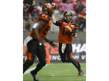 BC Lions #14 Travis Lulay passes to #84 Emmanuel Arceneaux during play against the Saskatchewan Roughriders in a regular season CHL football game at BC Place Vancouver, August 05 2017.