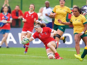 Karen Paquin scores a try against Australia in Canada's final game at the 2017 Women's Rugby World Cup in Ireland. [PNG Merlin Archive]
Rugby Canada, PNG