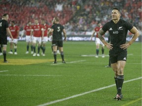 FILE - In this Saturday, July 1, 2017 file photo, New Zealand's Sonny Bill Williams, right, walks from the field after he was sent off during the second rugby test between the British and Irish Lions and the All Blacks in Wellington, New Zealand.