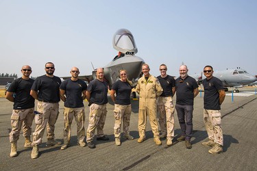 An F-35 pilot and crew from the Netherlands Air Force at Abbotsford International Airshow.