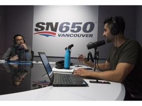 Sportsnet 650 radio hosts Satiar Shah, right, and Jawn Jang in studio rehearsing for Monday morning's launch in Vancouver.