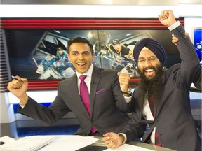 Randip Janda with Hockey Night in Punjabi colleague Harnarayan Singh in June 2016. Janda is moving to Sportsnet 650, which launches Sept. 4.