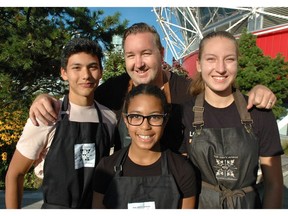 The Dirty Apron Cooking School's David Robertson fronted the inaugural Science World long table dinner. Robertson recruited three of his top students from his kids' cooking camp to assist:  Marcus Teoli, Malia Bulat and Sasha Meshcherekova.