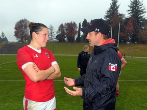 Rugby Canada coach Francois Ratier speaking with women's national team captain Kelly Russell after the Canadians beat Australia in June.