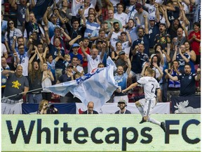 Jordan Harvey celebrates his goal scored against NYCFC on July 5 at BC Place.