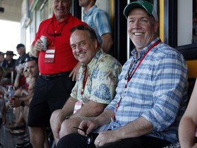 Friendlier days: Green Leader Andrew Weaver and NDP Leader John Horgan take in the final match between Team Canada and New Zealand during cup final action at the HSBC Canada Women's Sevens in Langford on May 28, 2017.