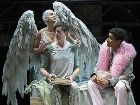 Lois Anderson, Damien Atkins and Stephen Jackman-Torkoff star in Angels in America, Part One: Millenium Approaches, which runs from Sept. 7 to Oct. 8 at the Stanley Industrial Alliance Stage. Photo courtesy of David Cooper.