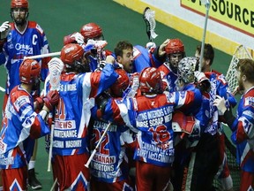 The Peterborough Lakers celebrate winning the Ontario Senior A boxla title on Thursday night.