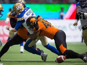 Winnipeg Blue Bombers&#039; quarterback Matt Nichols, left, drops the ball as he&#039;s hit by B.C. Lions&#039; Maxx Forde, right, and Mic&#039;hael Brooks, back, during the first half of a CFL football game in Vancouver, B.C., on Friday July 21, 2017. Maxx Forde&#039;s first highlight with the B.C. Lions wasn&#039;t the day the defensive lineman was drafted, his first game, his first start or his first sack. It happened when he was a toddler perched on his father Brian Forde&#039;s shoulders after the linebacker helped the club