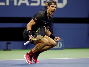 Rafael Nadal, of Spain, reacts after beating Juan Martin del Potro, of Argentina, during the semifinals of the U.S. Open tennis tournament, Friday, Sept. 8, 2017, in New York. (AP Photo/Julio Cortez)