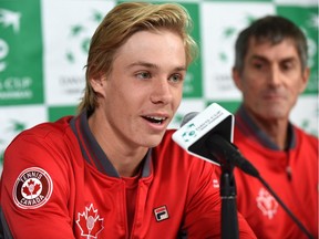 A media conference with the Davis Cup Canadian Team member, Denis Shapovalov, with Martin Laurendeau (back), team captain and the rest of the members Daniel Nestor, Vasek Pospisil and Brayden Schnur at Northlands Coliseum in Edmonton, September 12, 2017. Ed Kaiser/Postmedia (Edmonton Journal story Terry Jones) Photos for story running Wednesday, Sept. 13 edition.