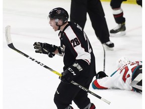 Darian Skeoch of the Vancouver Giants celebrates his goal against the Kelowna Rockets during WHL action last year at the Langley Events Centre.