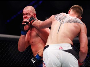 Alexander Volkov of Russia hits Stefan Struve of the Netherlands as they compete in their Heavyweight  bout during the UFC Fight Night at Ahoy on September 2, 2017 in Rotterdam, Netherlands.