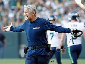 Seattle Seahawks head coach Pete Carroll reacts to a play during the second half of their NFL season opener against the Green Bay Packers at Lambeau Field in Green Bay, Wisc., on Sept. 10, 2017.