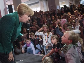 A campaigning German Chancellor Angela Merkel holds a children's press conference at her Christian Democrat Union election program house on Sept. 17, 2017 in Berlin, Germany. Children had the chance to ask her questions directly. Merkel is seeking a fourth term in German federal elections scheduled for Sept. 24.