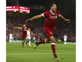 Liverpool's Emre Can celebrates scoring a goal in action last month against Hoffenheim at Anfield stadium in Liverpool, England.