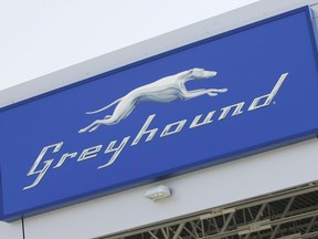 FILE PHOTO - A Greyhound logo is shown at the Greyhound Terminal at the James Richardson International Airport in Winnipeg.