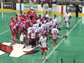 The ceremonial face-off for Game 4 of the Mann Cup on Tuesday ended up messy.