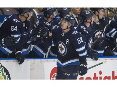 PENTICTON,BC:SEPTEMBER 8, 2017 -- Winnipeg Jets Jansen Harkins (58) celebrates with teammates after scoring against the Vancouver Canucks during NHL preseason hockey action at the Young Stars Classic held at the South Okanagan Events Centre in Penticton, BC, September, 8, 2017. (Richard Lam/PNG) (For ) 00050534A [PNG Merlin Archive]
RICHARD LAM, PNG