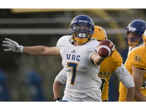 J.J. DesLauriers of the UBC Thunderbirds played against the University of Alberta Golden Bears in Canada West exhibition football action in Kamloops on Aug. 23, 2017.