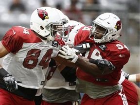 Arizona Cardinals tight end Jermaine Gresham (84) makes a block on linebacker Alex Bazzie (54) during NFL football training camp in August in Glendale, Ariz. Bazzie wanted to make sure he had shaken his NFL hangover. The defensive lineman signed a contract with the B.C. Lions through the rest of the season earlier this week, rejoining the CFL club where played from 2014 to 2016 before bouncing between three teams south of the border over a nine-month span.
