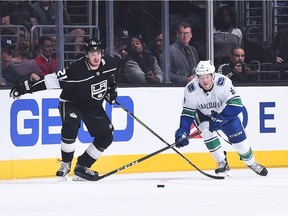 Brock Boeser #6 of the Vancouver Canucks skates against Nick Shore #21 of the Los Angeles Kings at STAPLES Center on September 16, 2017 in Los Angeles, California.