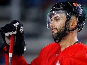 Calgary Flames Mark Giordano during NHL training camp at Scotiabank Saddledome in Calgary on Friday, Sept. 15, 2017.