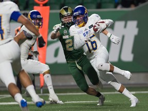 UBC's Payton LaGrange returns an interception against Regina on Friday. It was one of the few highlights for the visiting Thunderbirds.