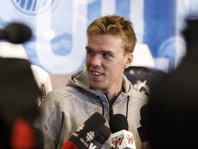 Connor McDavid speaks with the media at the opening of the Edmonton Oilers' 2017 training camp at Rogers Place in Edmonton.