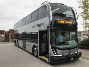 METRO VANCOUVER, B.C.: Sept. 21, 2017 -- This photo shows the kind of double-decker bus that TransLink will be testing on three routes in Metro Vancouver this fall.