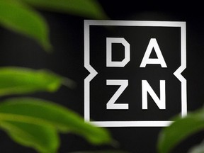 The DAZN logo is displayed at the company's offices in Tokyo, Japan.