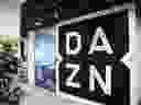 The DAZN logo is displayed at the company's offices in Tokyo, Japan.