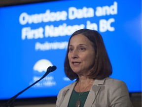 FILE PHOTO Provincial and First Nations representatives released their preliminary finding into the rates of overdose deaths that affect First Nations people in BC, at a press conference in Vancouver, BC Thursday, August 3, 2017. Pictured is BC Coroner Service Chief Coroner Lisa Lapointe.