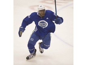 Jordan Subban works out at the Canucks' training camp on Thursday at Rogers Arena in Vancouver.