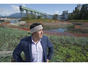 Squamish nation councillor Chris Lewis looks over the New Brighton Park shoreline restoration project unveiled Thursday. The project reintroduces a tidal salt marsh to the area that enhances plants and animal life along the shoreline.
