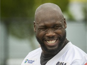 Alex Bazzie at a B.C. Lions practice in Surrey in July 2016. The defensive lineman had 29 sacks in 50 games for the Lions between 2014 and 2016, including 11 in 2016 to earn a CFL West Division all-star spot.