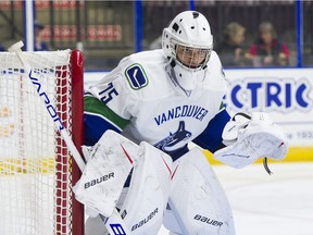 Vancouver Canucks goalie Michael DiPietro during NHL preseason hockey action against the Winnipeg Jets at the Young Stars Classic in Penticton.